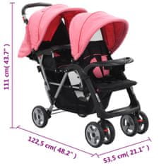 Vidaxl Dvojni otroški voziček jeklen roza in črn