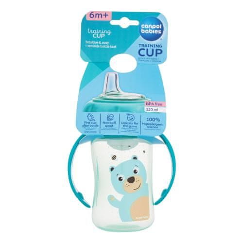 Canpol babies Cute Animals Training Cup Bear steklenička za učenje pitja s silikonskim pitnikom in ročaji 320 ml