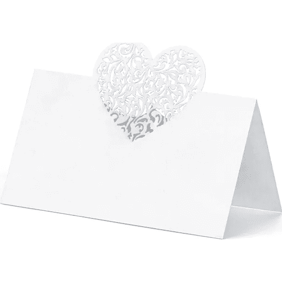 PartyDeco Imenice za gradbeno mizo 10 kosov 9 x 6,5 cm belo srce -