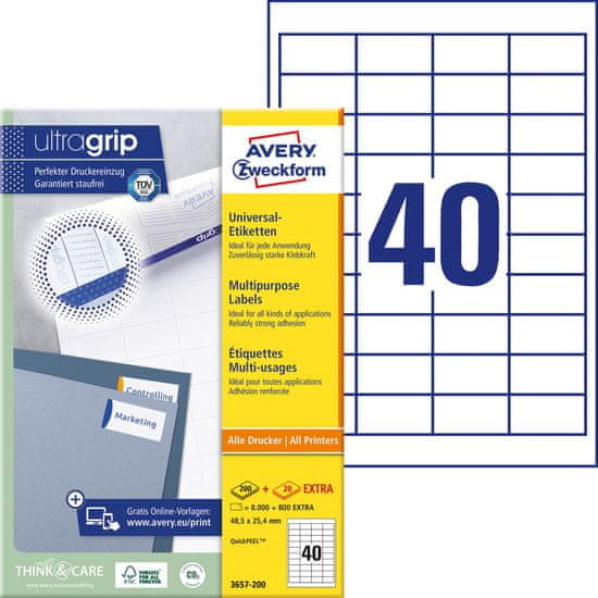 Avery Zweckform univerzalne etikete 3657, 48.5 x 25.4 mm, Ultragrip, 4000 etiket/zavitek, A4, za tiskanje