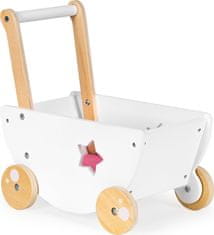 EcoToys Leseni voziček za lutke bele barve z zvezdo