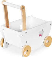 EcoToys Leseni voziček za lutke bele barve z zvezdo