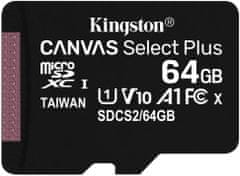 Kingston SDXC Canvas Select Plus Micro pomnilniška kartica, 64 GB 100 MB/s, C10, UHS-I, adapter