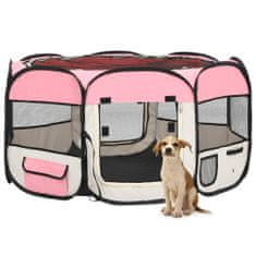 Greatstore Zložljiva pasja ograjica s torbo roza 125x125x61 cm