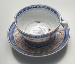 Skodelica za čaj, kavo z krožničkom , set 1/6, rižev porcelan, dekor roža, moder