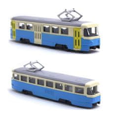 Zaparevrov Kovinski tramvaj Tatra T3, 18,5 cm, modre in krem barve, z zvokom in svetlobo