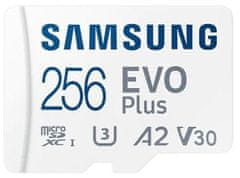 Samsung Micro SDXC spominska kartica, 256 GB EVO Plus, U3, V30, A2, UHS-I + SD adapter
