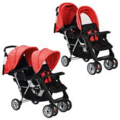 Greatstore Dvojni otroški voziček jeklen rdeče in črne barve