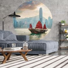 Greatstore WallArt Okrogla stenska poslikava Skyline z junk boat, 190 cm