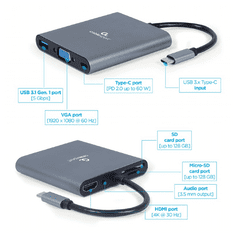 CABLEXPERT Adapter USB-C 6-v-1 USB, HDMI, VGA, PD, čitalec kartic + audio