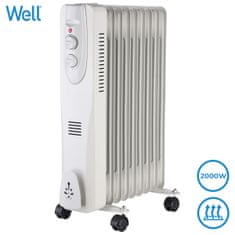 Well OIL2-2000 prenosni električni oljni radiator, moč 2000 W, 3 stopnje gretja, termostat, 9-reberni, bel