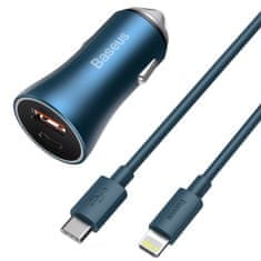 BASEUS Baseus Golden Contactor Pro avtomobilski polnilec, USB + USB-C, QC4.0+, PD, SCP, 40 W (modri) + USB-C - Lightning kabel 1 m (modri)
