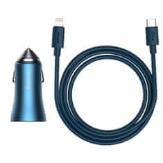 BASEUS Baseus Golden Contactor Pro avtomobilski polnilec, USB + USB-C, QC4.0+, PD, SCP, 40 W (modri) + USB-C - Lightning kabel 1 m (modri)