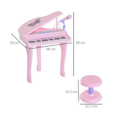 HOMCOM HOMCOM otroški klavir, električni glasbeni instrument s 37 osvetljenimi tipkami, mikrofonom in stolčkom, 48x39x69 cm, roza