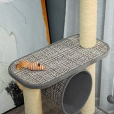 PAWHUT PawHut praskalnik za mačke za odrasle in mačke 130 cm, ležišče za mačke, tunel za mačke in drog iz sisala, prevleka iz žoge in pliša, siva