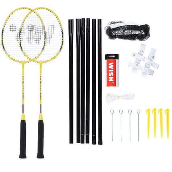 WISH 4466 Komplet loparjev za badminton rumeni 2 kosa + puščice 3 kosi + mreža + črte želja