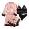 Ženski 4-delni komplet spodnjega perila, ženska pižama s čipkastim vzorcem in pridihom svile in satena, nežno roza-črna kombinacija, nežen in udoben, hlačke, halja, brazilke in modrček, LuxurySet